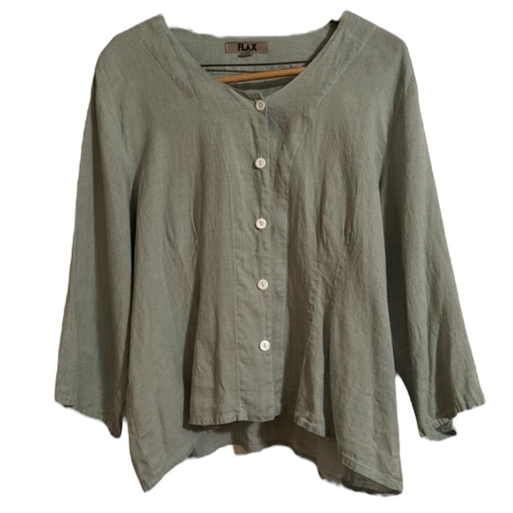 Flax colorless button down wide sleeve sage green linen blouse sz L
